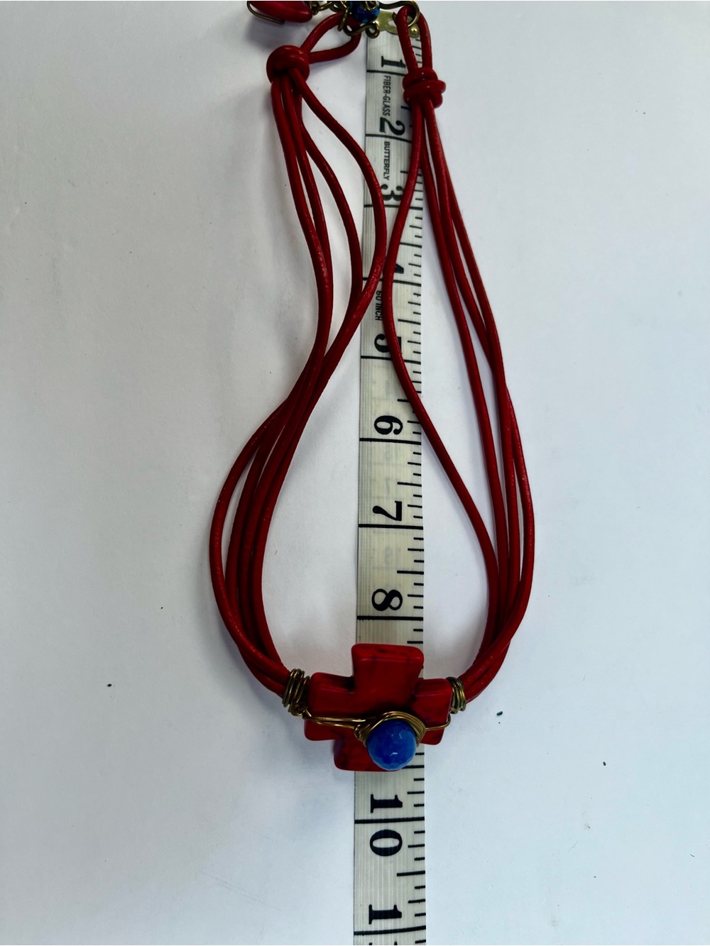 Handcrafted Red Cross Pendant Necklace with Blue Accent and leather cords $30 - Picture 7 of 7